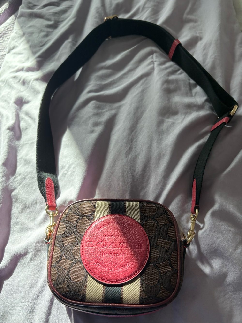COACH Dempsey camera bag signature Jacquard Crossbody with Pink Trim